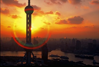 Oriental Pearl TV Tower at sunset, Shanghai,China