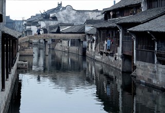 a stone brigde and residential houses of the old town Wuzhen,Zhejiang Province,China