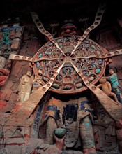 Détail de la façade des grottes bouddhiques de Dazu en Chine