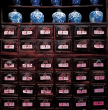 The cabinets of Traditional Chinese medicine at a clinic, Zhejiang Province, China