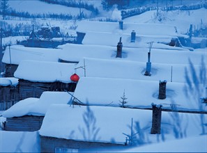 the snow-covered houses at Dahailin,Heilongjiang,China