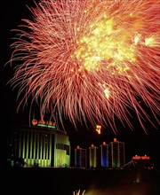 Dazzling fireworks in the sky over Five-Continent Hotel,Beijing,China