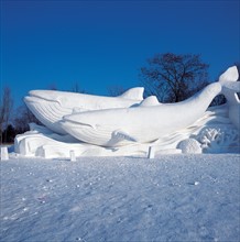 Double whales,one of the snow sculptures,Harbin,China