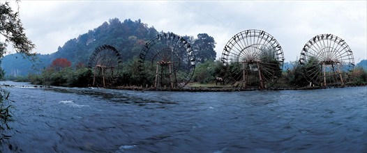 waterwheels on the river bank of Bazhou River in Liping,Guizhou,China