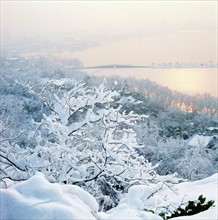 Snowscape of Broken Bridge over West Lake,Hangzhou,Zhejiang Province,China