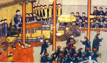 Painting depicts a official dinner party hosted by emperor Qianlong in Ziguang pavilion at Zhongnanhai, Qing Dynasty