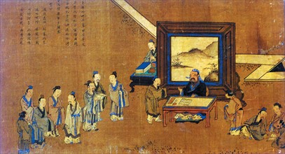 A mural depicts Confucius writing poems in Confucius temple, Qufu,China