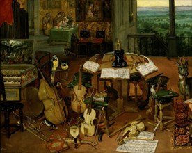 Jan Bruegel, Hearing - Detail from the table with books and musical instruments