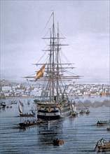 Lithograph of a sailboat in the harbour of Havana