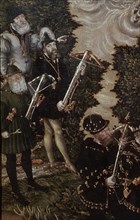 Cranach, Chasse en l'honneur de Charles Quint, détail du roi avec ses arbalétriers