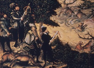 Cranach, Chasse en l'honneur de Charles Quint - Détail du roi avec ses arbalétriers