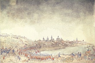 The army of British invadors being driven back by the Spanish while attacking Buenos Aires