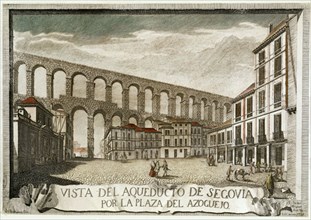 Miguel, View of the aqueduct and the plaza del Azoguejo in Segovia