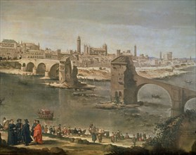 Mazo, View of Saragossa - Detail from the bank with crowd, bridge in ruins and city