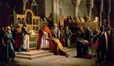 Hiraldez de Acosta, Alphonse VI taking the oath during his coronation in Santa Galdea