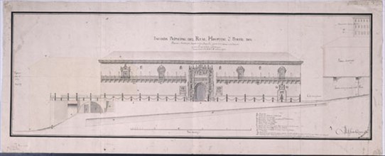 FERRO CAAVEYRO M
DIBUJO DE LA FACHADA PRINCIPAL DEL HOSPITAL DE SANTIAGO-PLANO Nº 879
MADRID,