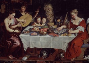 Jan Bruegel, L'ouïe et le toucher - Détail de la table avec des mets