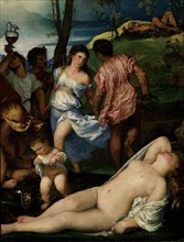 Titian, The Andrians (Bacchanalia) - Right detail: Ariadne sleeping, fauns, youths and silene sleeping