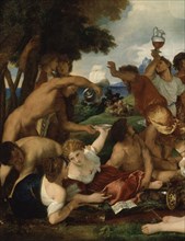 Titian, The Andrians (Bacchanalia): Left detail: Fauns, youths and Bacchantes