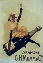 CARTEL-MUJER SOBRE BOTELLA DE CHAMPAGNE - G.H.MUMM