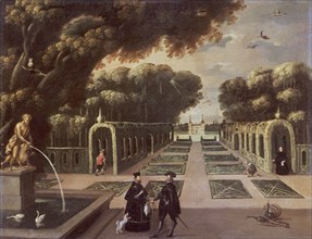 Anonyme, Jardins et palais du Prado avec le roi Philippe IV
