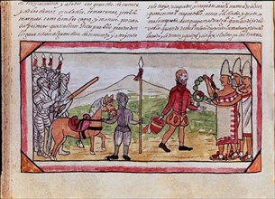 Duran, Hernan Cortés meets an Indian chief on his way to Tlaxcala