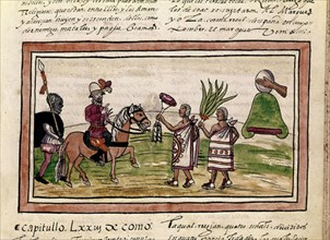 Duran, Hernan Cortés receiving offerings from caciques