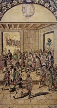 Gonzalez M. et J., Moctezuma offre des présents en or à Hernán Cortés