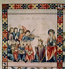 Alphonse X le Sage, Le Roi et son cortège de musiciens devant la Vierge