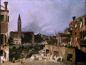 Canal, Venise : vue du Campo San Vidal et Santa Maria de la Caridad. Maison du tailleur de pierres face au canal
