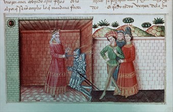 CABALLERO CIFAR-S XIV-CIFAR REY DE MENTON NOMBRA CABALLERO A SUS HIJOS- FOL 72v
PARIS, BIBLIOTECA