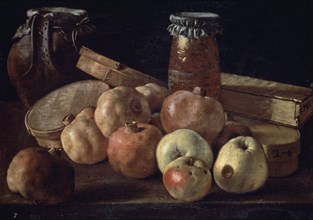 Melendez L., Still life: pomegranates, apples, boxes and pots of jam