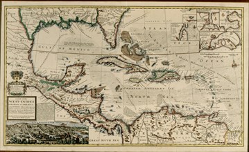 MOLL HERMAN
MAPA DE LAS INDIAS DEL OESTE O ISLAS DE AMERICA CON TIERRAS ADYACENTES

This image