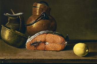 Meléndez, Nature morte au saumon, citron et trois ustensiles
