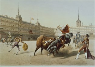 BLANCHARD
CORRIDA DE TOROS EN LA PLAZA MAYOR DE MADRID-S XIX-LITOGRAFIA-ROMANTICISMO