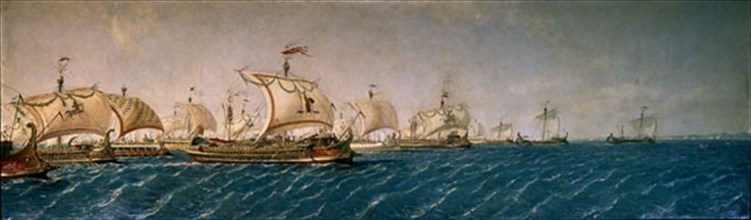 Monleon, Greek Ships that Won the Battle of Salamina Are Entering the Piraeus
