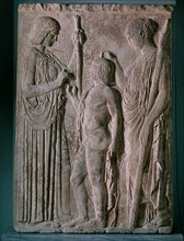 Art grec, bas-relief votif représentant les mystères d'Eleusis