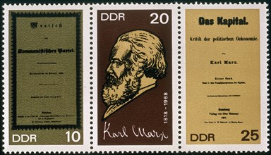 Stamps showing Karl Marx and the covers of his main books