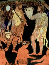 Masques de théâtre représentés sur un vase grec