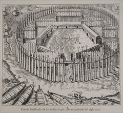 GRABADO DEL S XVI-PUEBLO FORTIFICADO DE LOS INDIOS TUPIS DEL BRASIL