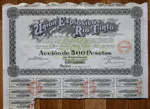 ACCION DE 500 PTAS DE UNION EXPLOSIVOS RIO TINTO-1973(18 DEL 4)
MADRID, BOLSA DE