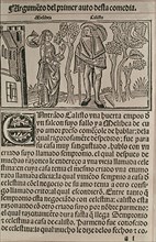 ROJAS FERNANDO DE 1470/1541
PORTADA DE LA CELESTINA-BURGOS 1499-CALISTO Y MELIBEA EN EL PRINCIPIO