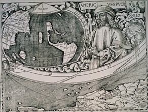 Waldseemüller, détail d'une mappemonde où apparaît Vespucci