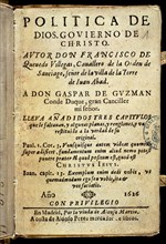 QUEVEDO FRANCISCO 1580/1645
PORTADA DE POLITICA DE DIOS.GOBIERNO DE CRISTO.DEDICADA A D.GASPAR DE