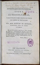 ARTEAGA E
FILOSOFIA SOBRE LA BELLEZA IDELA 1789
MADRID, BIBLIOTECA NACIONAL
MADRID

This image