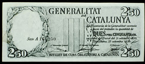 1936 2.50 Peseta Note - Legal Currency in Catalunya