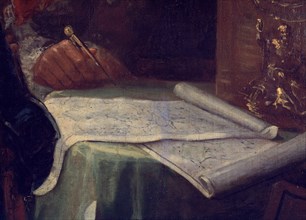 Goya, José Moñino y Redondo, comte de Floridablanca : détail d'une carte et d'un compas