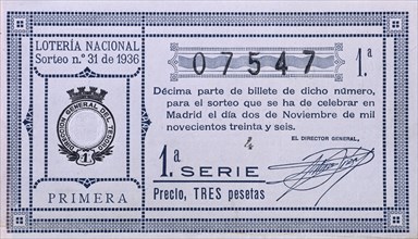 DECIMO DE LA LOTERIA NACIONAL- SORTEO MADRID 2/X/1936  EDICION 1- TRES PESETAS
MADRID, COLECCION