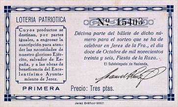 LOTERIA PATRIOTICA-SORTEO JEREZ FRONTERA 12/X/1936 1 EDICION. FIESTA DE LA RAZA.3 PESETAS
MADRID,