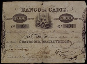 BILLETE DE 4.000 REALES DEL BANCO DE CADIZ